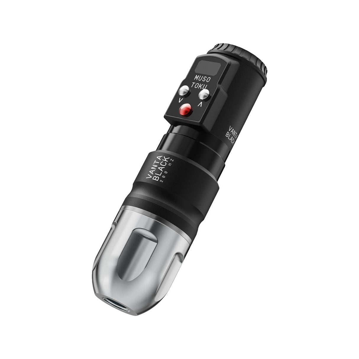 Musotoku Mercury Vanta Black tattoo machine, angled view