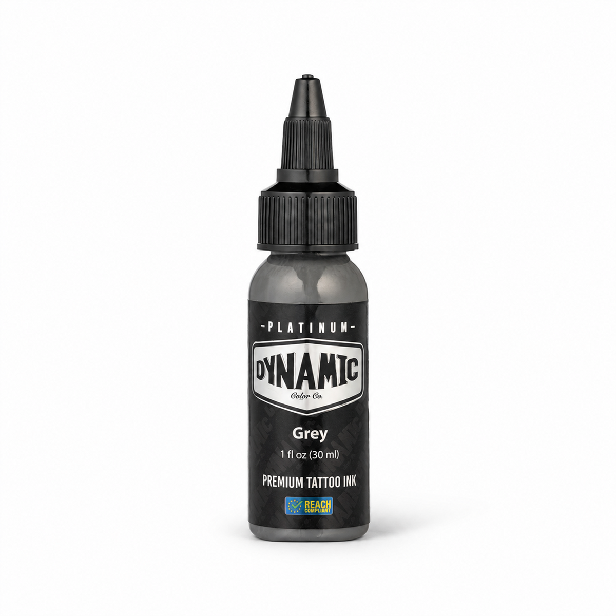 Platinum By Dynamic Tattoo Ink Grey 30ml bottle on a white background with a natural shadow
