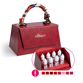 The Pigment PMU Lip Pigment Collection with 8 bottles of lip color pigments in 15ml bottles, displayed in a row.