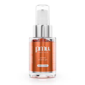 Kwadron PMU Pretty Me Up Amber Shield Gel 30ml bottle with a clear cap and label, used for permanent makeup protection.