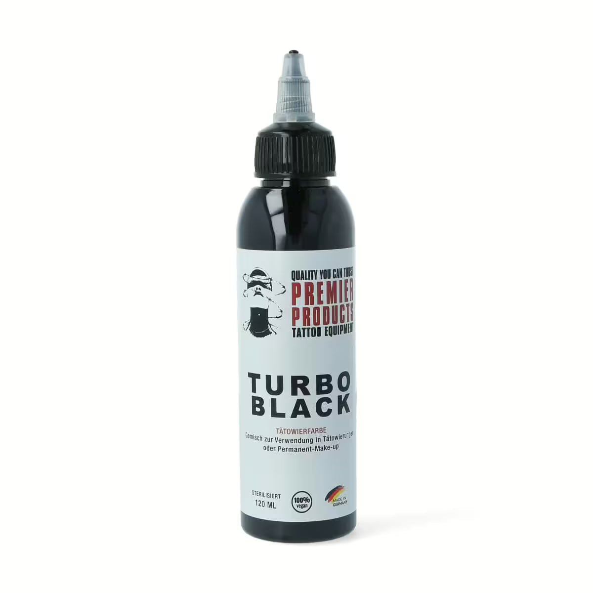 Black ink bottle labeled Premier Products Turbo Black Pigment 120ml, with a clear plastic cap and vibrant black color.