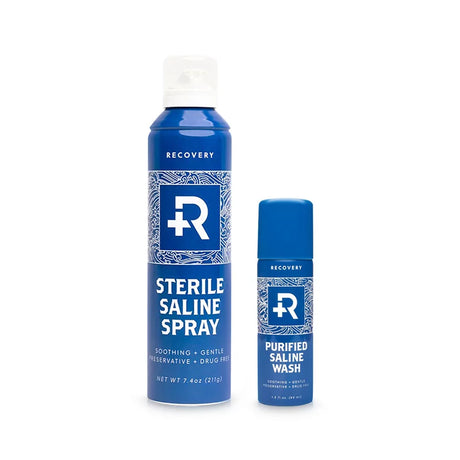 Recovery Purified Saline Wash Solution Spray bottle with clear label, used for nasal and eye cleansing.
