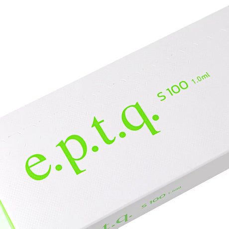 e.p.t.q. S100 Hyaluronic Filler 1 ml syringe for facial skin hydration and volume enhancement, with a close-up of the product packaging.