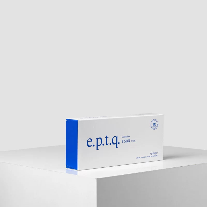 e.p.t.q. S500 Lidocaine Hyaluronic Filler in 1.1 ml syringe, showing the clear syringe with product label and needle tip.