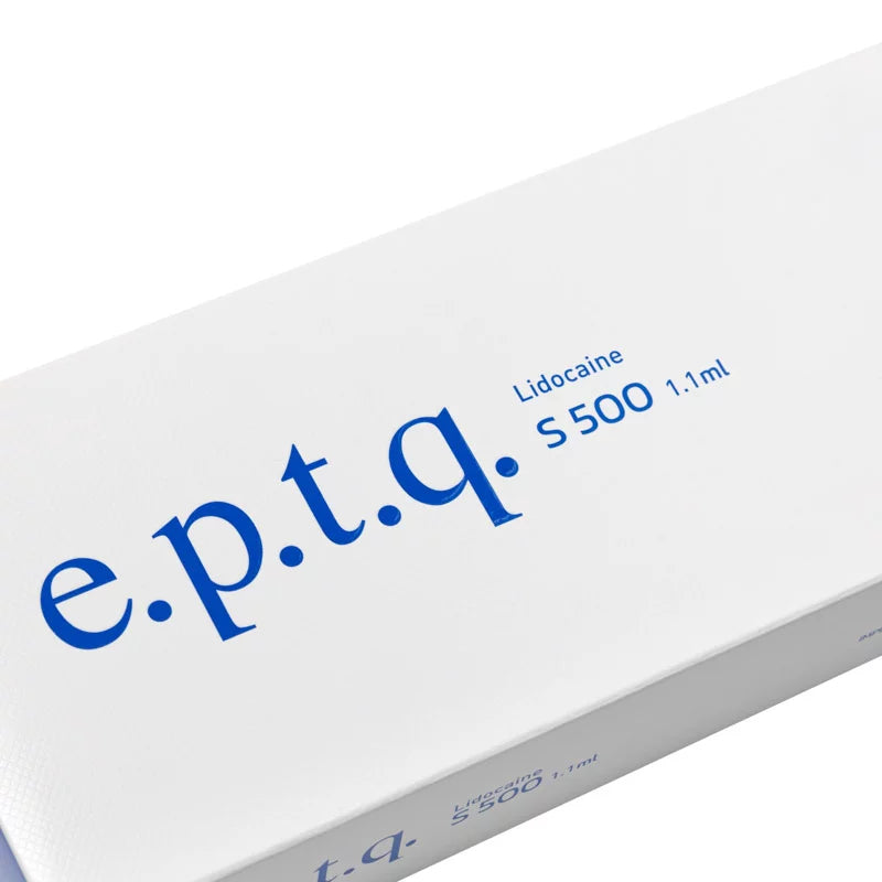e.p.t.q. S500 Lidocaine Hyaluronic Filler syringe with 1.1 ml of dermal filler for facial rejuvenation.