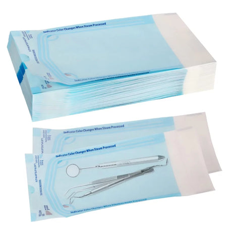 Self-sealing sterilization pouches by AVA, 200-pack, showing clear pouches with sealed edges and sterilization indicators.