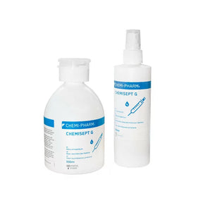 Chemipharm Chemisept G skin disinfectant in 250ml, 500ml, or 1000ml bottles, showing clear liquid and label on the bottle.