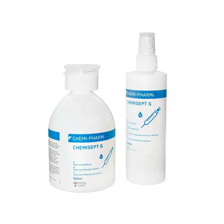 Chemipharm Chemisept G skin disinfectant in 250ml, 500ml, or 1000ml bottles, showing clear liquid and label on the bottle.