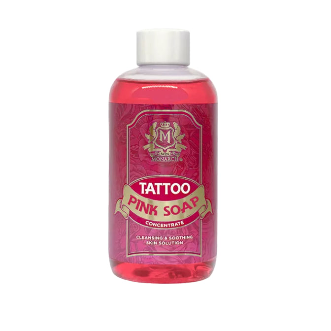 Skin Monarch Pink Soap Concentrate with Bubble Gum Aroma, 250ml, showing the pink liquid soap in a clear bottle with a pump dispenser.