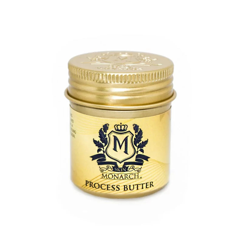 Skin Monarch Process Butter 50ml jar with smooth, creamy texture, showcasing nourishing skincare product in a white container.