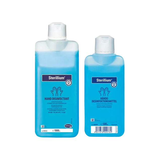 HARTMANN Sterillium antiseptic hand liquid in 500ml or 1L bottle, clear liquid for hand disinfection, shown in a pump bottle