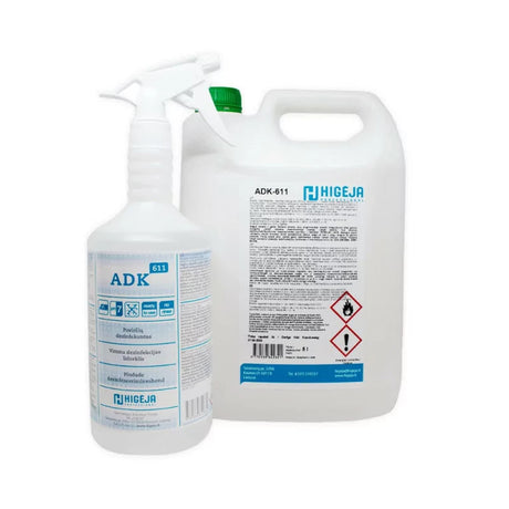 HIGĖJA Surface and Tool Disinfectant ADK-611 in 1L or 5L bottles, designed for sanitizing surfaces and tools effectively.