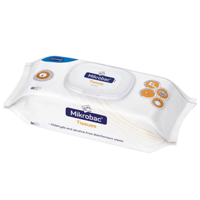 HARTMANN Mikrobac Tissues surface disinfection wipes without alcohol, 18cm x 20cm, showing the pack of disinfectant wipes.