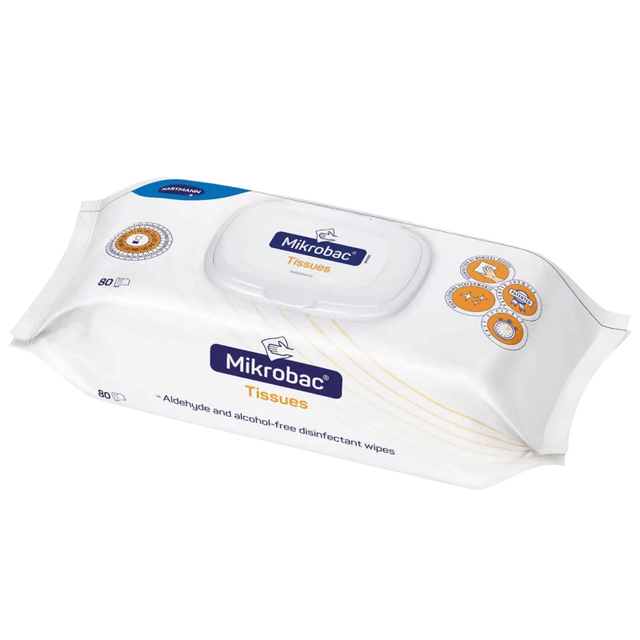 HARTMANN Mikrobac Tissues surface disinfection wipes without alcohol, 18cm x 20cm, showing the pack of disinfectant wipes.