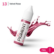 The Pigment 13 Velvet Rose pigment 15ml jar showing vibrant pinkish-red powder in a clear container.