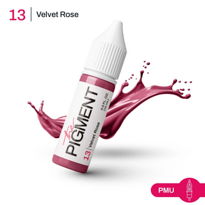 The Pigment 13 Velvet Rose pigment 15ml jar showing vibrant pinkish-red powder in a clear container.