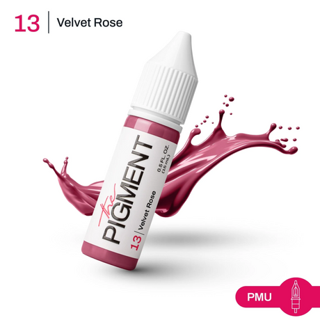 The Pigment 13 Velvet Rose pigment 15ml jar showing vibrant pinkish-red powder in a clear container.