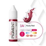 15ml bottle of The Pigment Rusty Red Pigment, vibrant rust-red color in a clear glass bottle with a black screw cap.