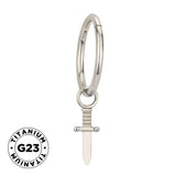 Titanium ring with sword-shaped dangle jewelry, featuring a sleek silver finish and intricate sword design for a modern look.