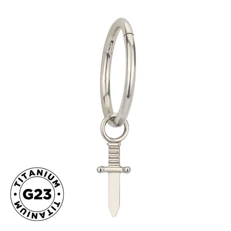 Titanium ring with sword-shaped dangle jewelry, featuring a sleek silver finish and intricate sword design for a modern look.