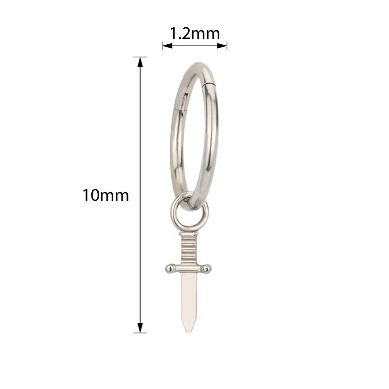 Titanium ring with sword-shaped dangle jewelry, featuring a sleek, modern design and polished silver finish.