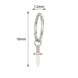 Titanium ring with sword-shaped dangle jewelry, featuring a sleek, modern design and polished silver finish.