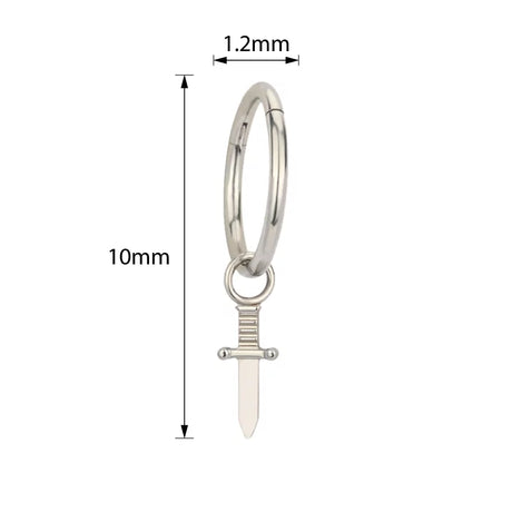 Titanium ring with sword-shaped dangle jewelry, featuring a sleek, modern design and polished silver finish.