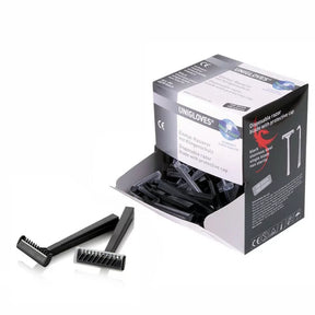 Black disposable razor from UNIGLOVES with 100 pieces, featuring a sleek handle and safety blade for easy shaving.