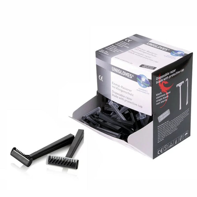 Black disposable razor from UNIGLOVES with 100 pieces, featuring a sleek handle and safety blade for easy shaving.