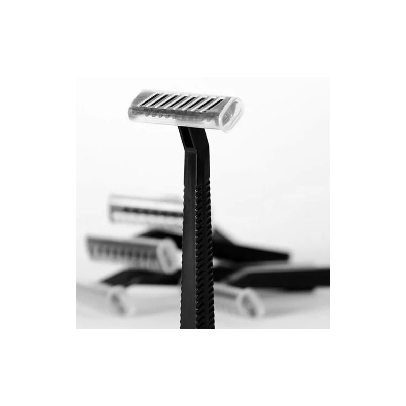 Black disposable razors from UNIGLOVES, shown in a pack of 100, featuring sleek black handles and multiple blades for smooth shaving.