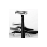 Black disposable razors from UNIGLOVES, shown in a pack of 100, featuring sleek black handles and multiple blades for smooth shaving.