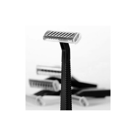 Black disposable razors from UNIGLOVES, shown in a pack of 100, featuring sleek black handles and multiple blades for smooth shaving.
