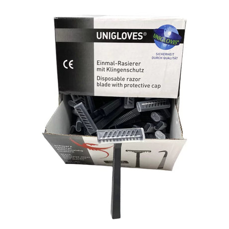 Black disposable razors from UNIGLOVES, 100-pack, with sleek handle and safety blade for easy, everyday shaving.