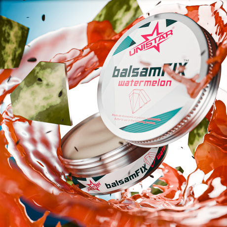 Unistar balsamFIX Watermelon 200 ml bottle with watermelon-flavored Balsam in transparent container.
