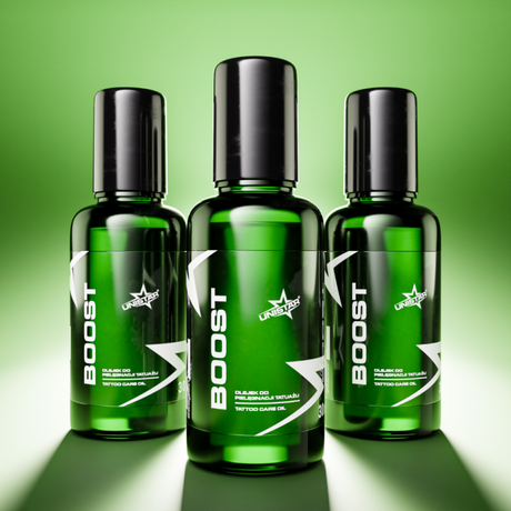 Unistar Boost Tattoo Care Oil 30ml bottle with dropper for nourishing and moisturizing fresh tattoos.