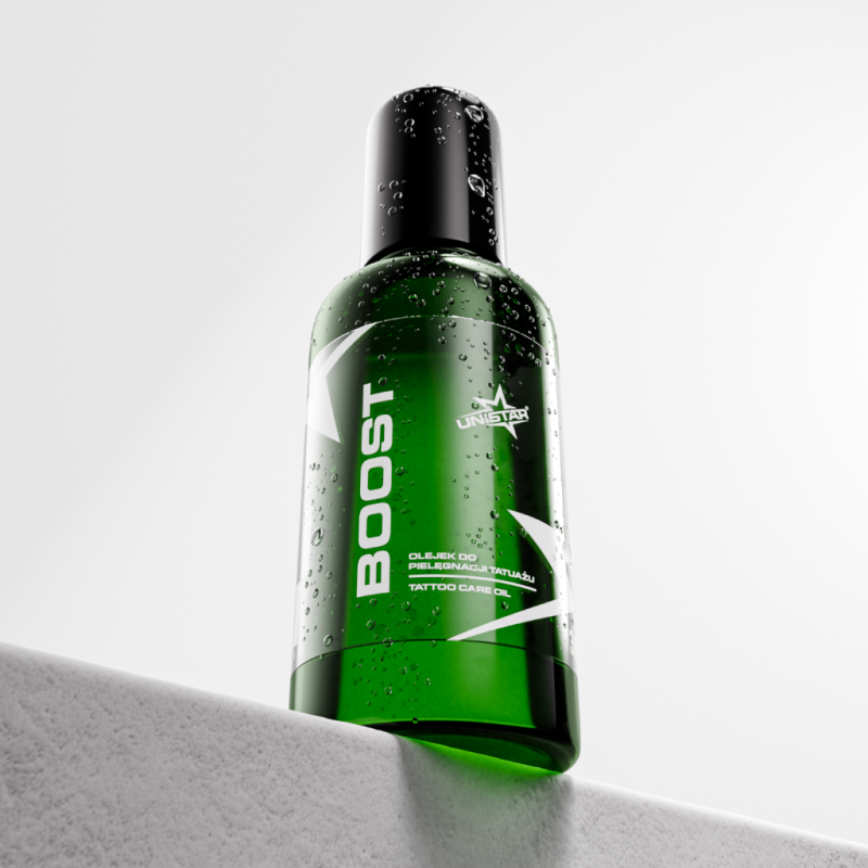 Unistar Boost Tattoo Care Oil 30ml bottle with dropper cap, designed for nourishing and soothing fresh tattoos.