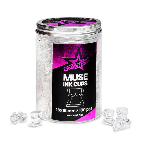 Unistar Muse plastic ink cups, 16mm size, 160-piece set for tattooing or art applications, shown stacked and ready for use.