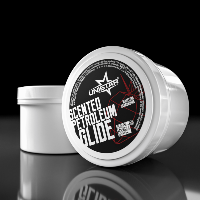 Unistar Scented White Glide Strawberry 500g jar with a white lid and label featuring strawberry imagery and product details.