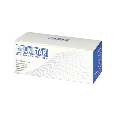 Unistar Skin Care Tattoo Film 10mx15cm, transparent sheet used for tattoo aftercare and skin protection.