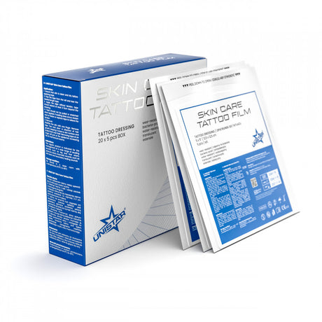 Unistar Skin Care Tattoo Film Dressing 5-pack, 12.5x12.5cm, clear protective film for tattoo aftercare on skin.