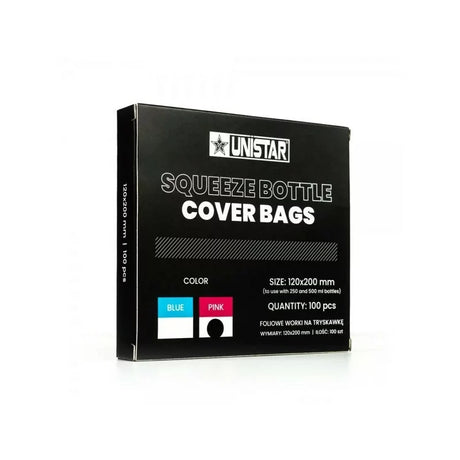 Unistar squeeze bottle bags in pink and blue, flexible plastic bags designed for easy storage and dispensing of liquids.