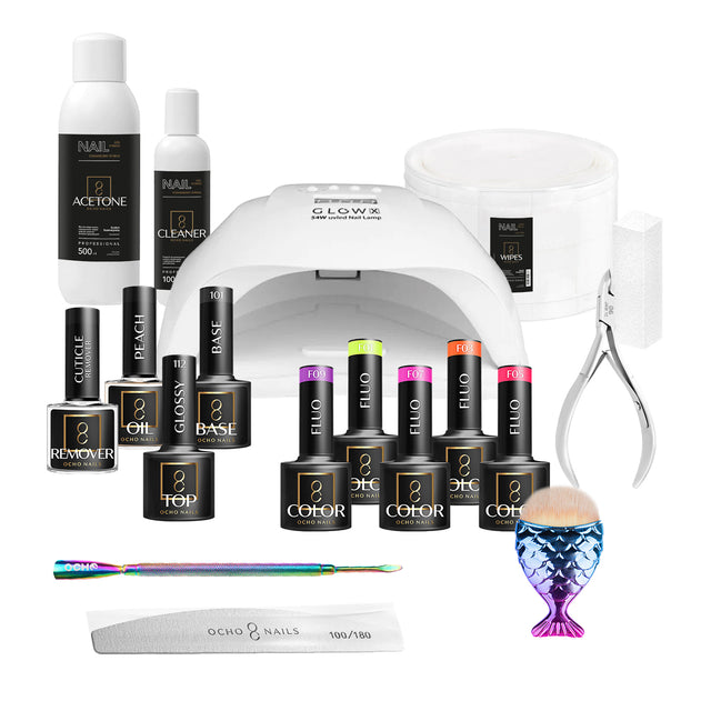 OCHO NAILS Hybrid Starter Kit 6 with nail gels, tools, and accessories for professional nail enhancements.